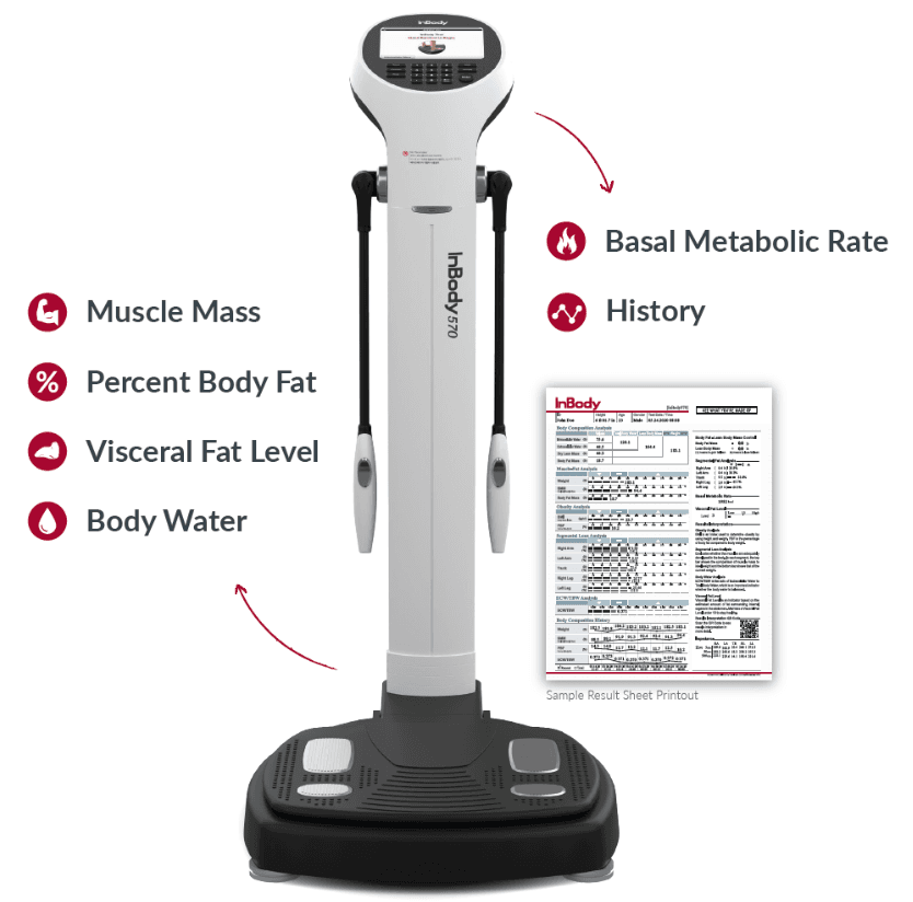 InBody 570 body composition scanner — measures muscle mass, body fat %, visceral fat, body water, basal metabolic rate, and tracks history